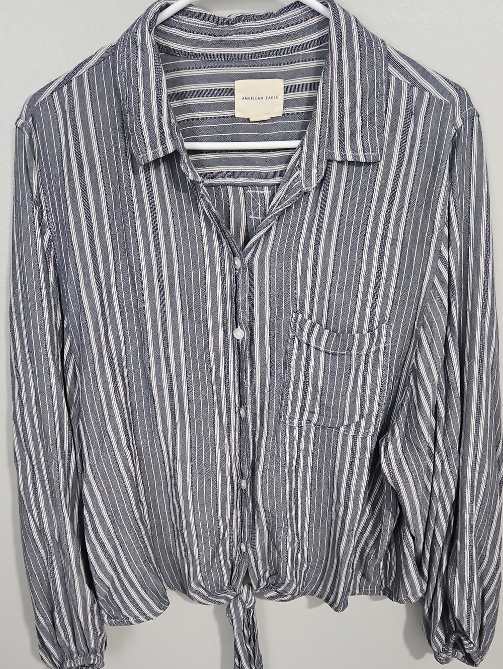American Eagle Outfitters Grey and White Striped Button-Down Tie Front Shirt